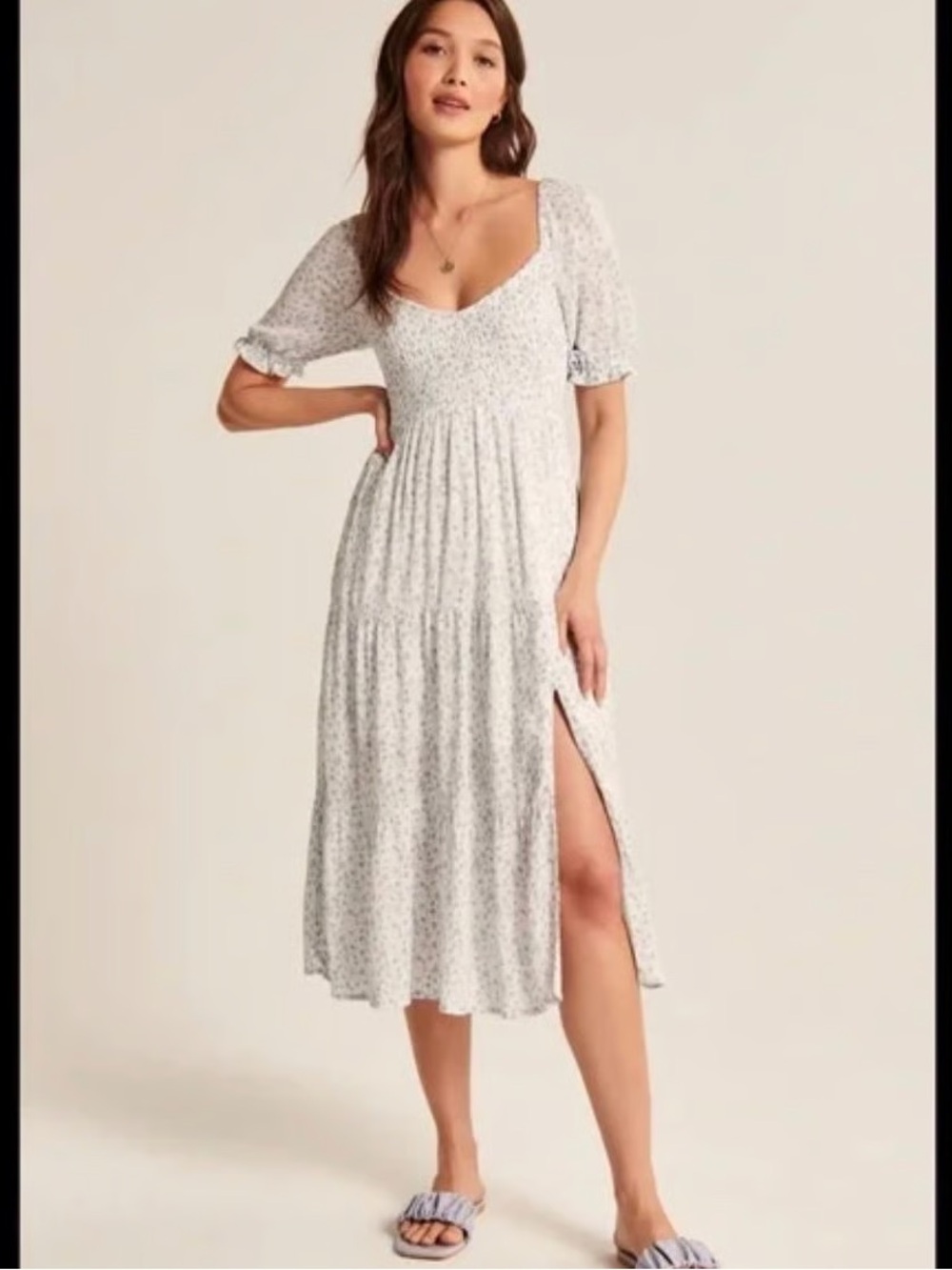 Abercrombie & Fitch Light Blue Floral Smocked Midi Dress with Side Slit